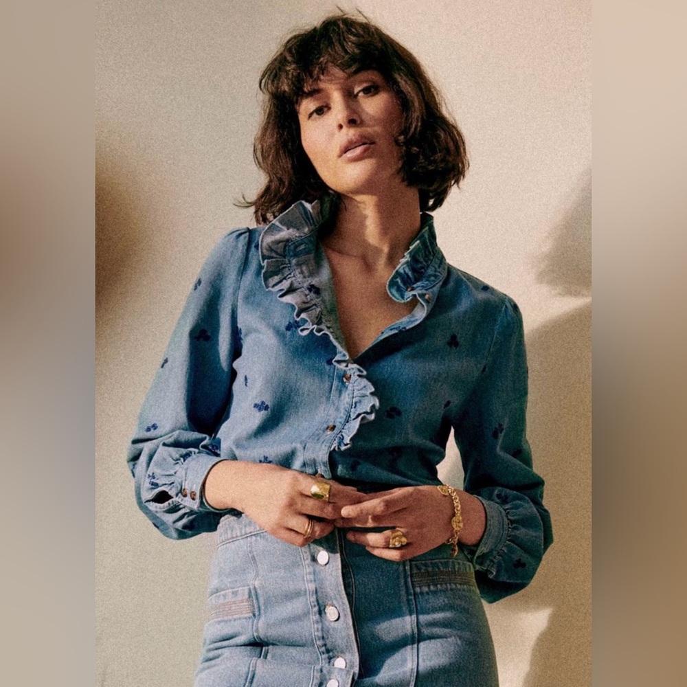 Sézane Chlo Blue Ruffle Denim Shirt Floral Embroidery - Picture 4 of 10